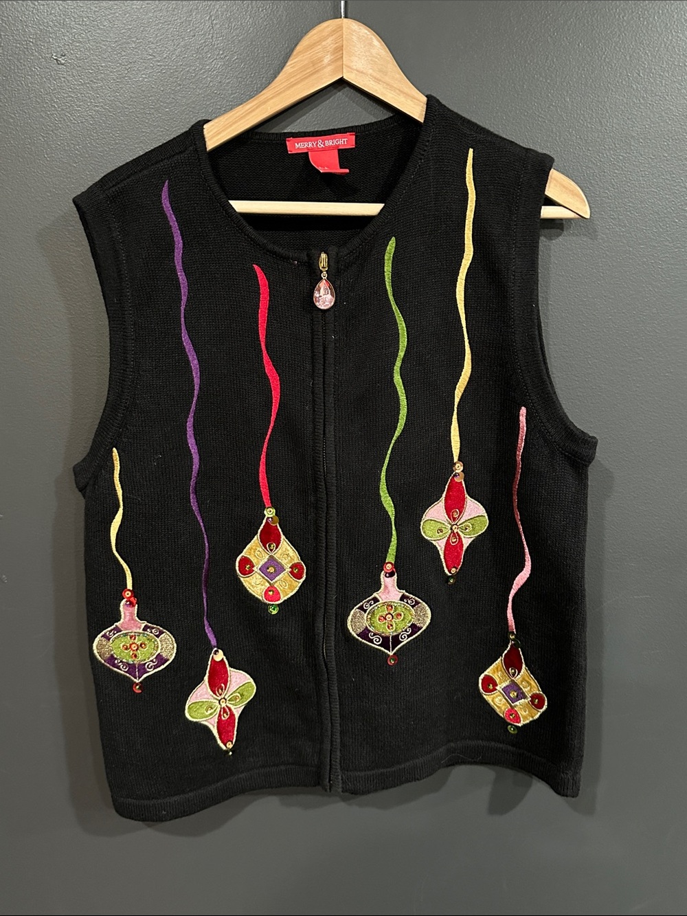 Merry & Bright Black Embroidered Holiday Christmas Zip-Front Vest